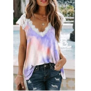 Lace V Neck Short Sleeve Tie dye Top
